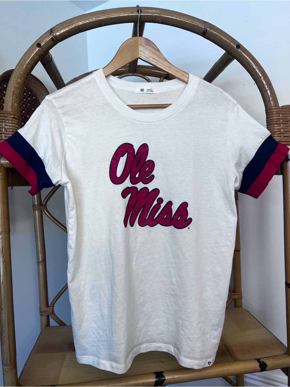 Women's White Short Sleeve Tee with Maroon Script Logo